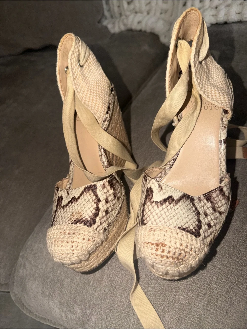Vince Camuto Beige Snake-Print Espadrille Wedge Sandals
